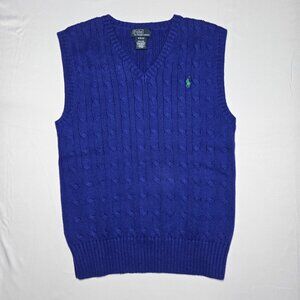 Polo Ralph Lauren Sweater Vest Boys M 10 12 Blue Cable Knit V Neck Green Pony